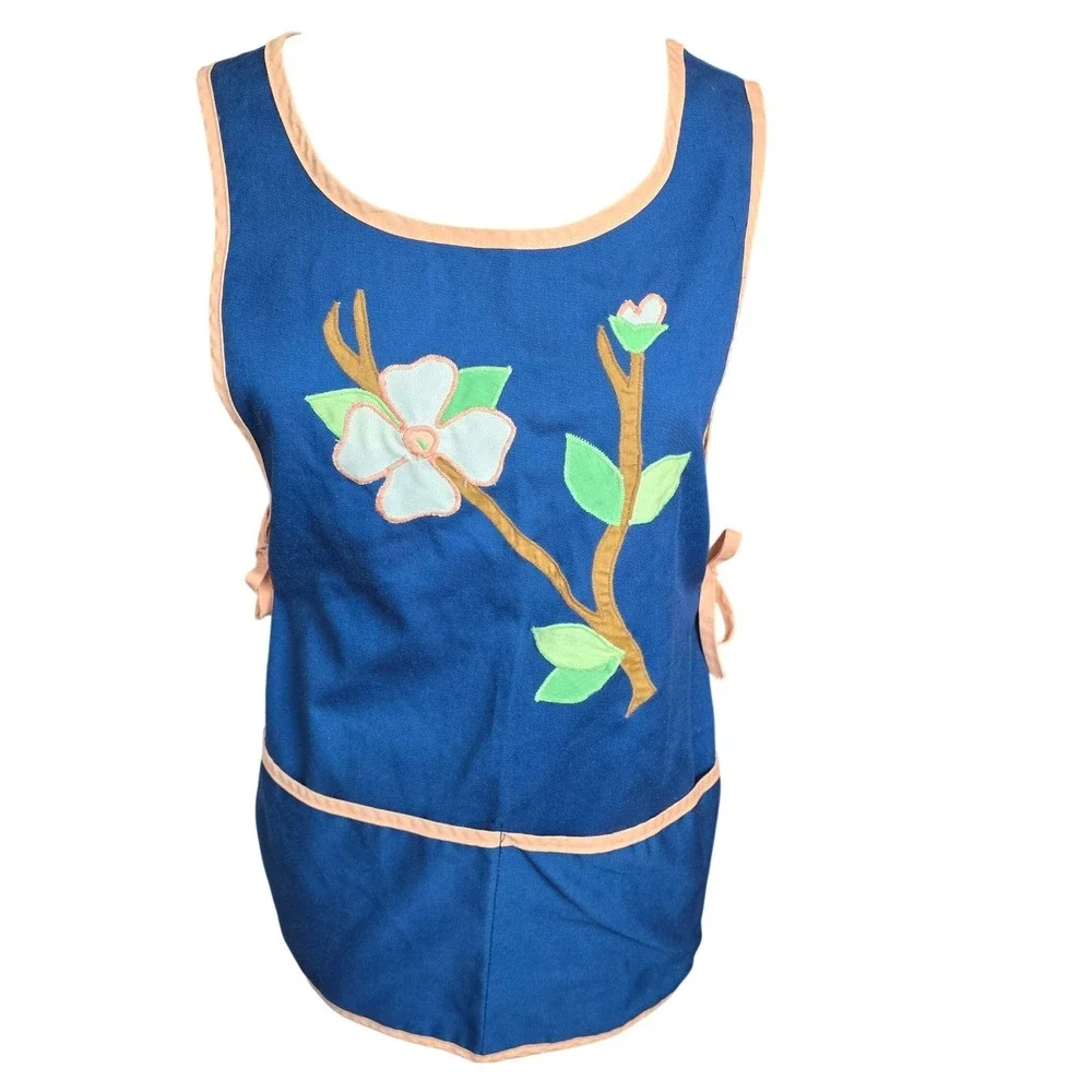 Retro‎ Mod Blue Cotton Tabard Apron Pink Trim Dogwood Blossom Applique Vintage M